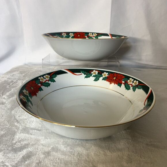 VTG Set of 2 Tienshan 9.5" Deck The Halls Serving Bowl Christmas Poinsettia Dish - Picture 4 of 12